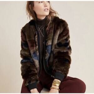 MARRAKECH x Anthropologie Alyssa Faux Furry Camo Bomber Jacket Size M